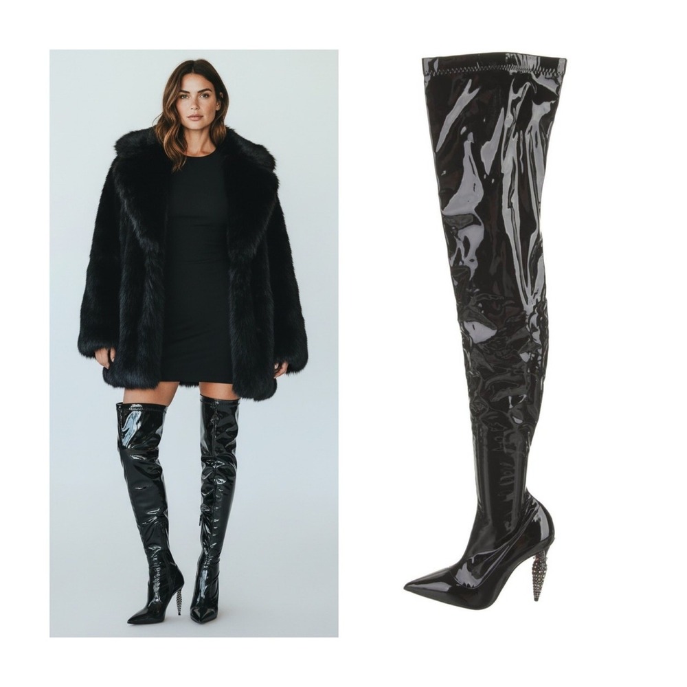 Christian Louboutin Limited Edition Black Lipstrass Patent Thigh Boots Size 37.5 - Picture 2 of 16